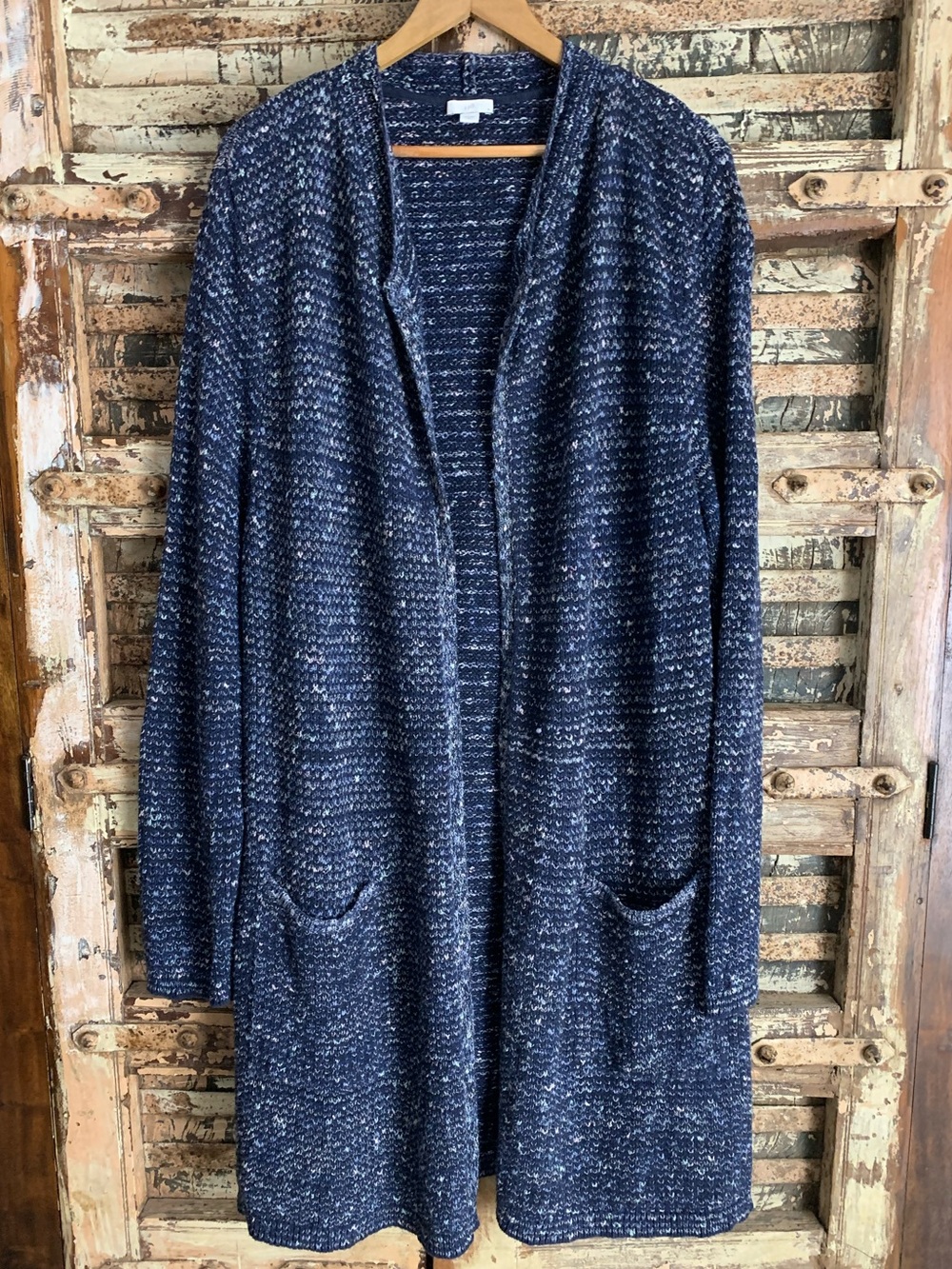 J. Jill Navy Blue Marled Open Front Longline Knit Cardigan, Pockets Boho EUC, XL